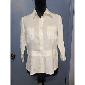 100% silk Kim ROGERS Women’s Blouse Quarter Length Sleeves. Sz PM Ivory Button